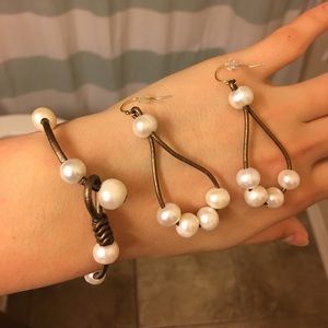 Pearl Bracelet and Drop Earrings On Copper Rope